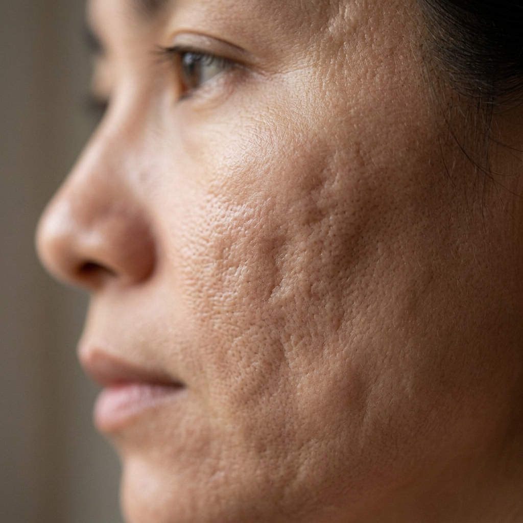 Side view of a person's face showing detailed acne scars on the cheek