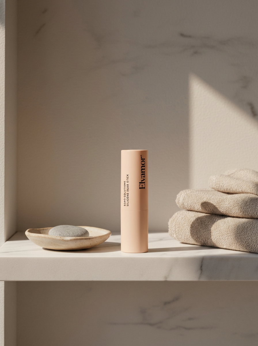A beige tube of Elvamor skincare cream next to a stone on a dish and folded towels on a marble shelf