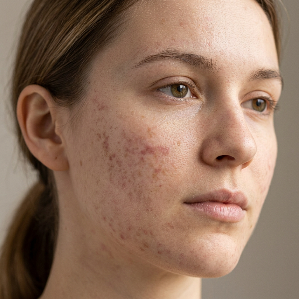 Close-up of a young woman’s face showing acne scars on her cheek
