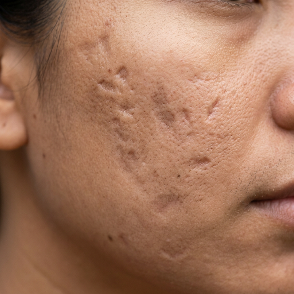 Close-up view of a person's cheek with visible acne scars and uneven skin texture