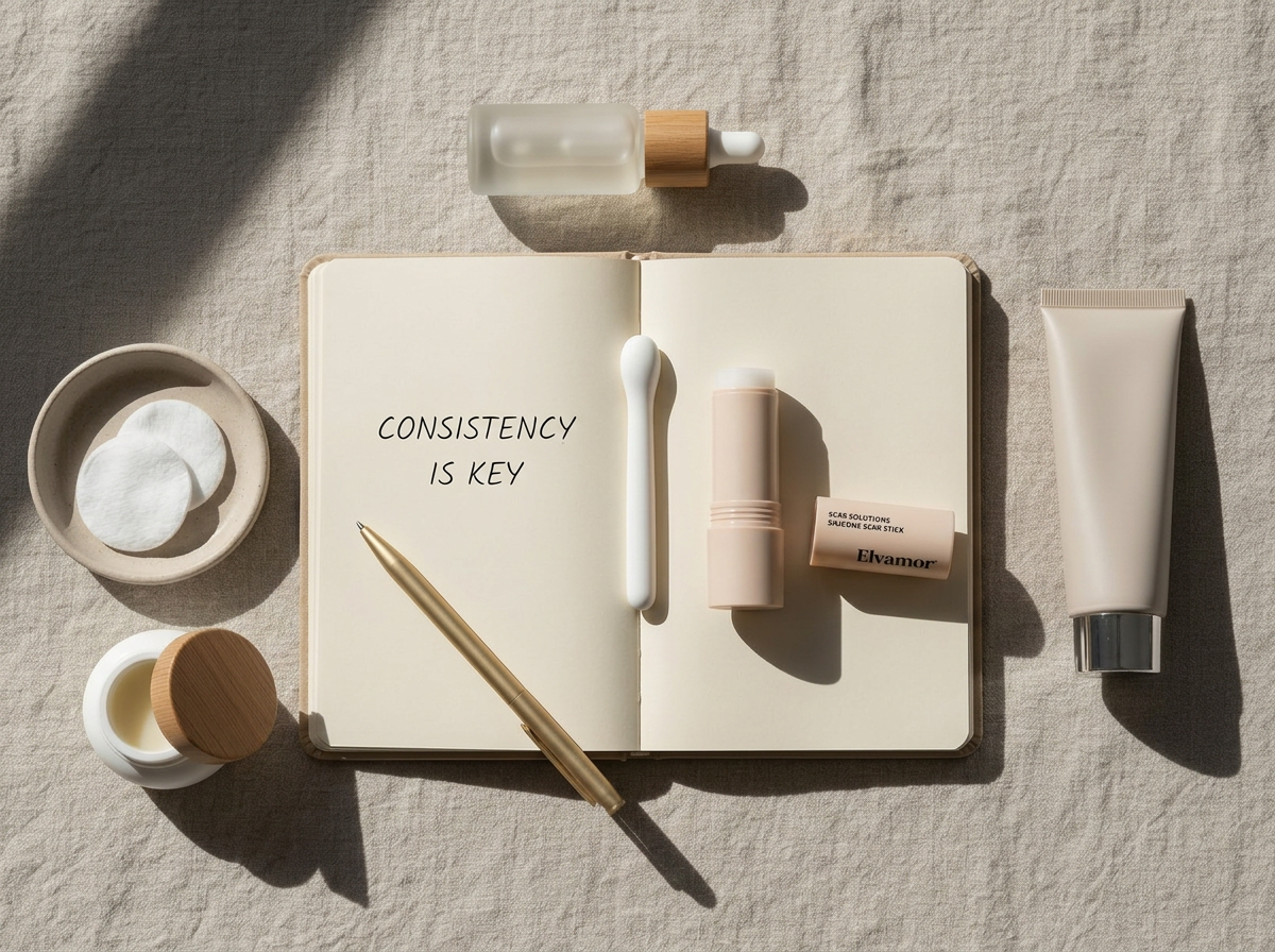 Open journal with 'Consistency is key' text surrounded by skincare products and a pen on fabric