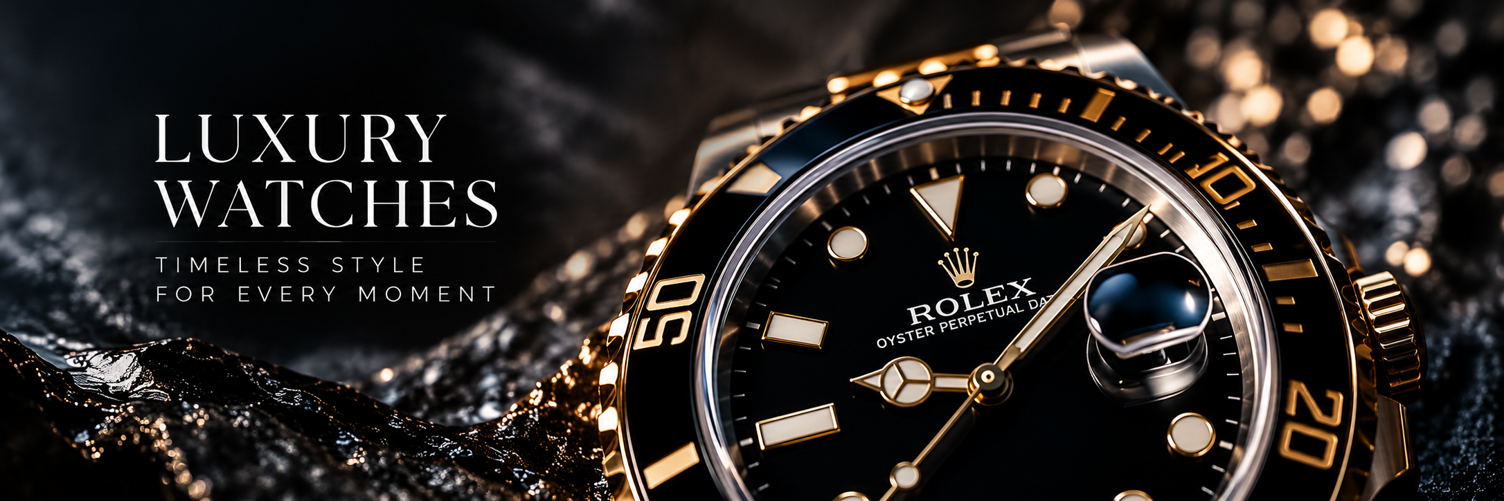 Black and gold luxury watch resting on dark sparkling fabric