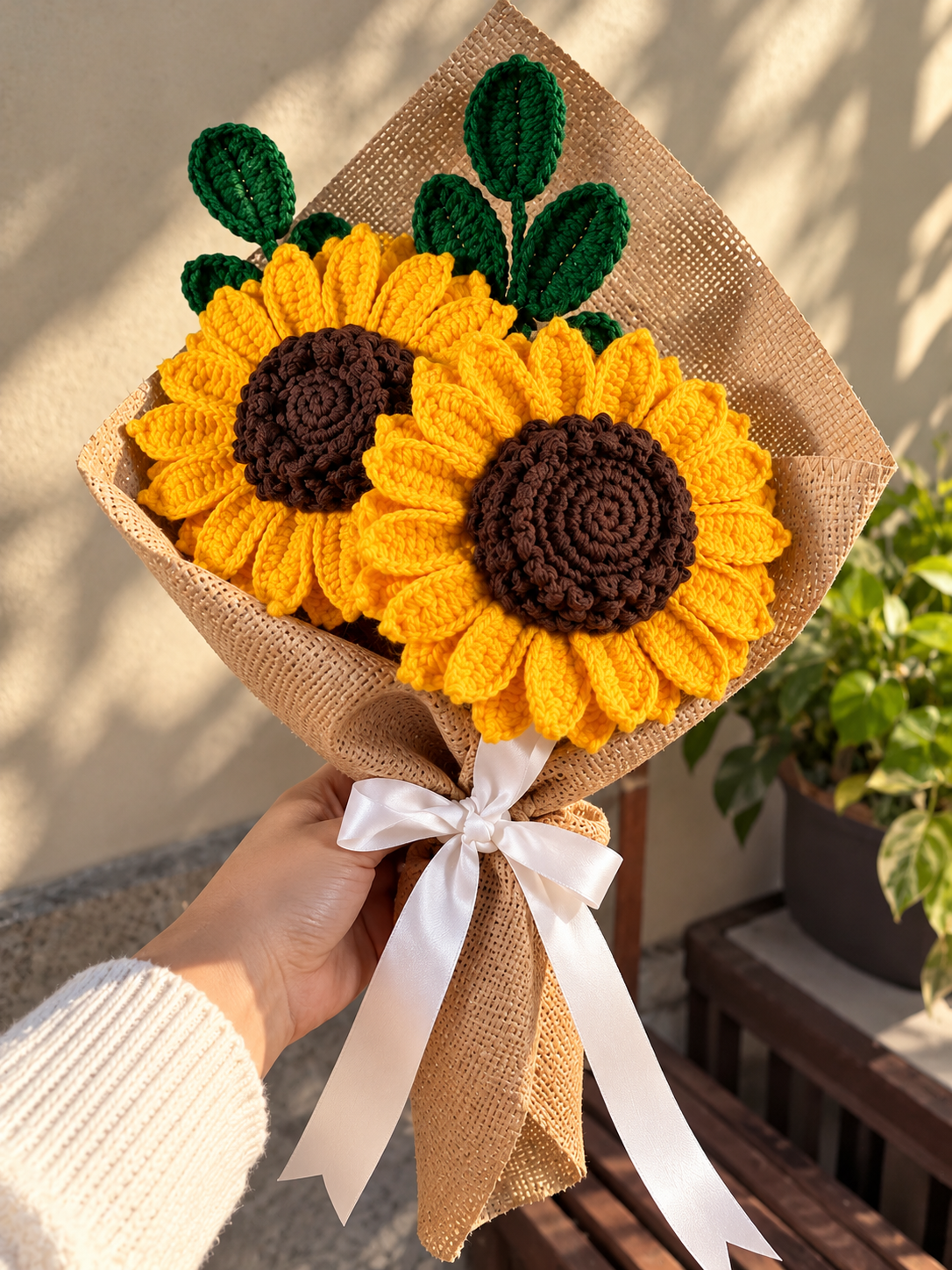 NECXY handmade crochet sunflower bouquet with two golden sunflowers and a white satin ribbon