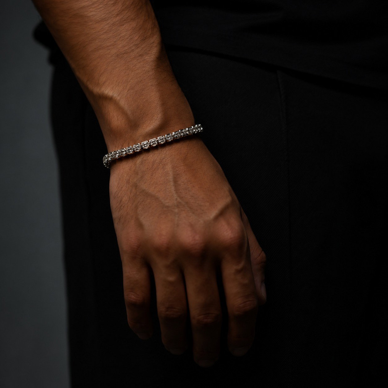 The Avarni tennis bracelet worn on the wrist
