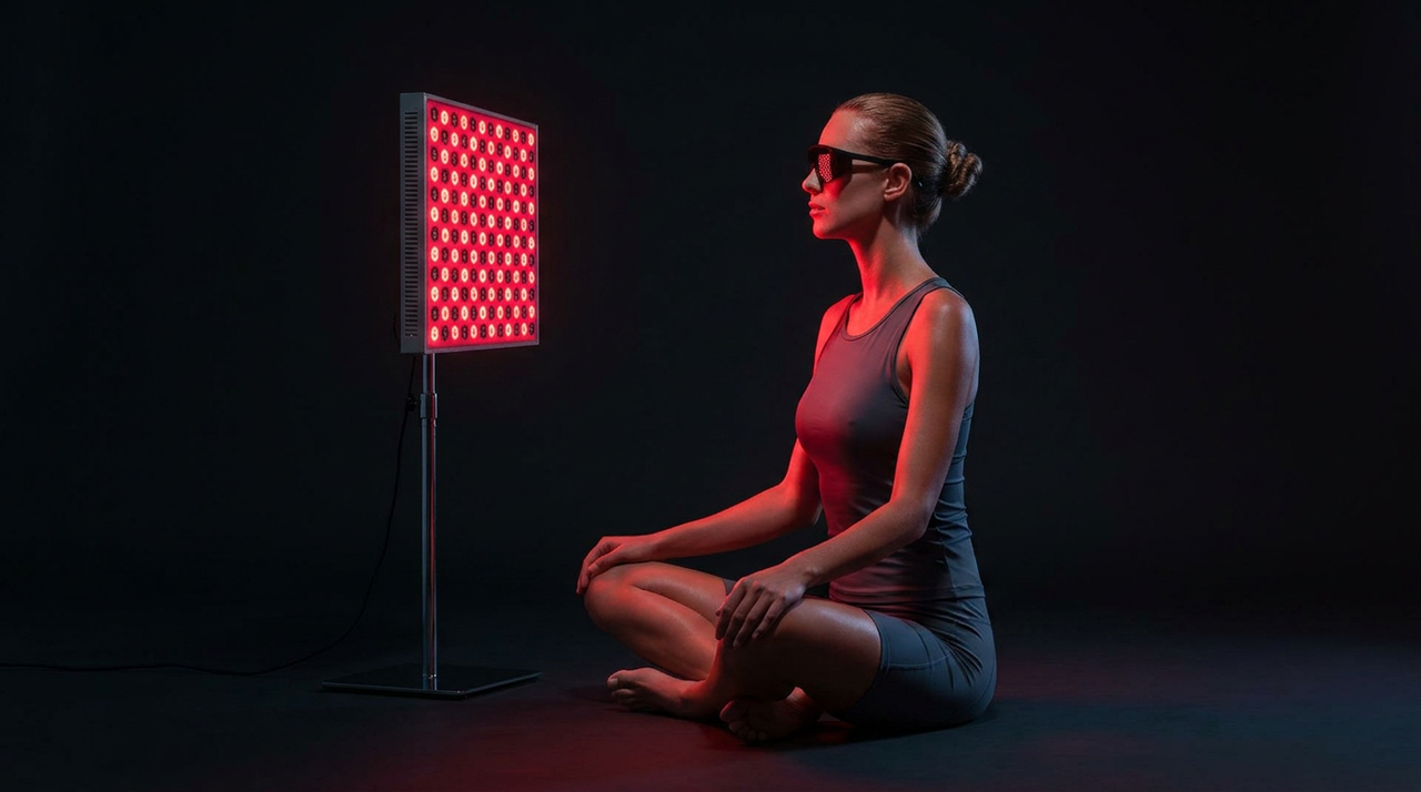Woman in sunglasses sitting cross-legged in front of a red light therapy panel in dark room