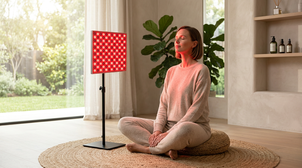 Woman sitting cross-legged on cushion meditating next to red light therapy device