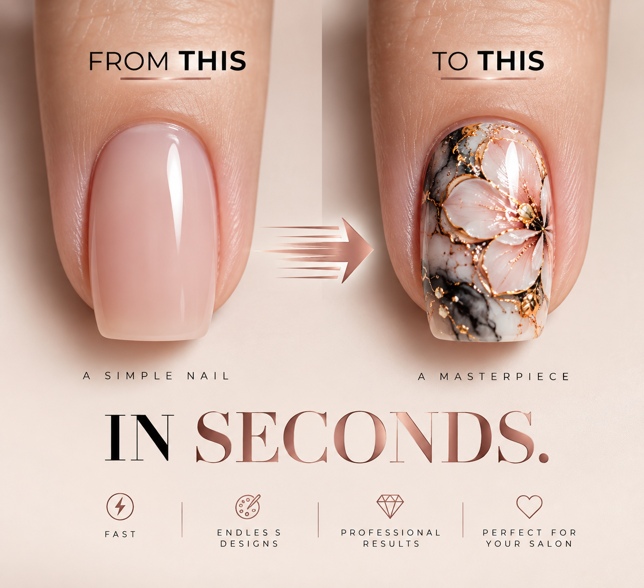 Before and after comparison: a plain nude nail beside a nail printed with gold and marble floral artwork by NailPrint Pro