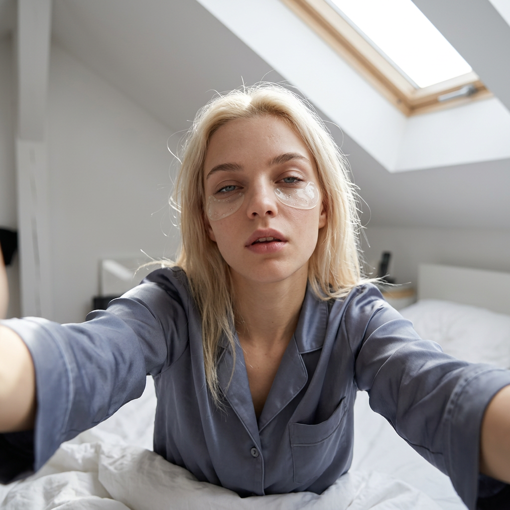 A woman in blue pajamas with under-eye patches sitting on bed in a bright room