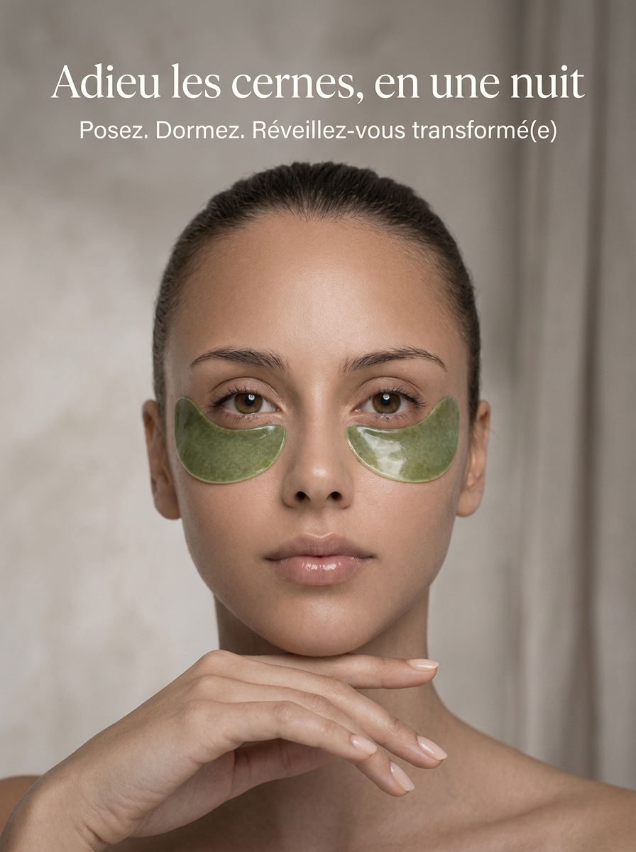 Close-up of woman with green under-eye patches, promoting overnight dark circle treatment