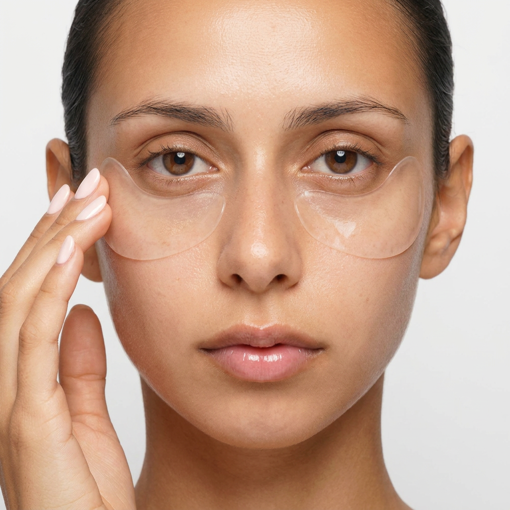 Close-up of a woman with brown eyes applying transparent under-eye gel patches on her face