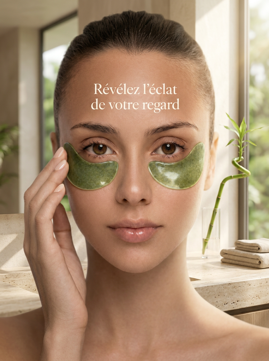 Close-up of a woman with green eye patches under her eyes in a bright room