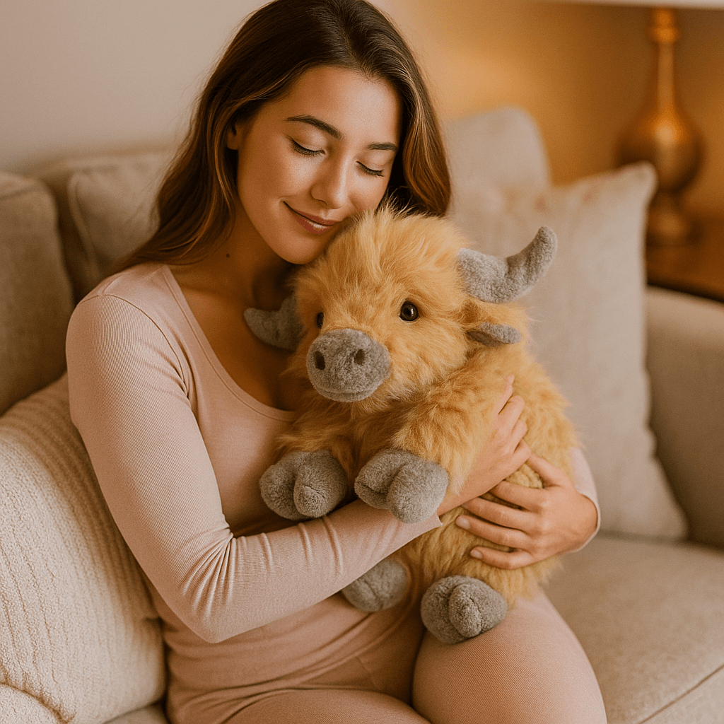 Hugging the Highland Cow plush – cool relief
