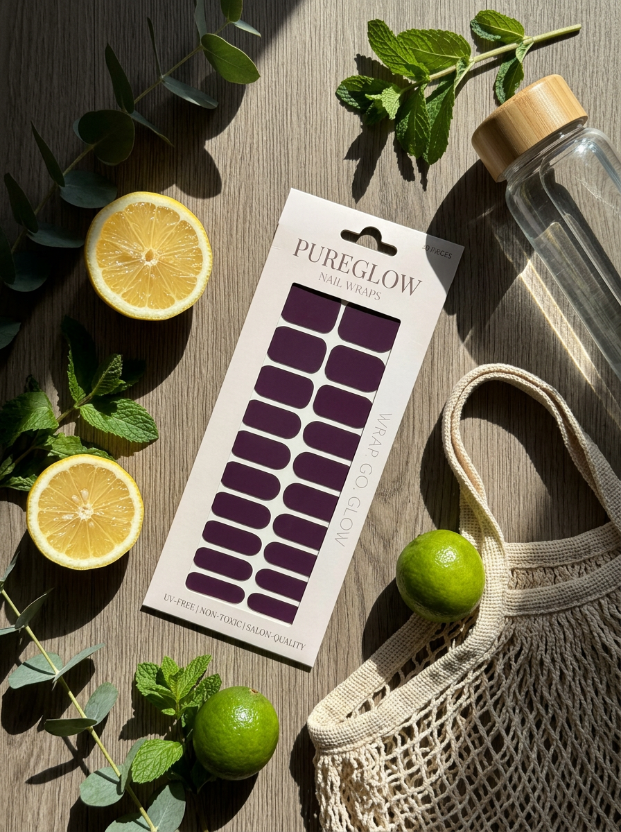 Pack of purple PureGlow nail wraps surrounded by lemons, limes, mint leaves, water bottle, and net bag