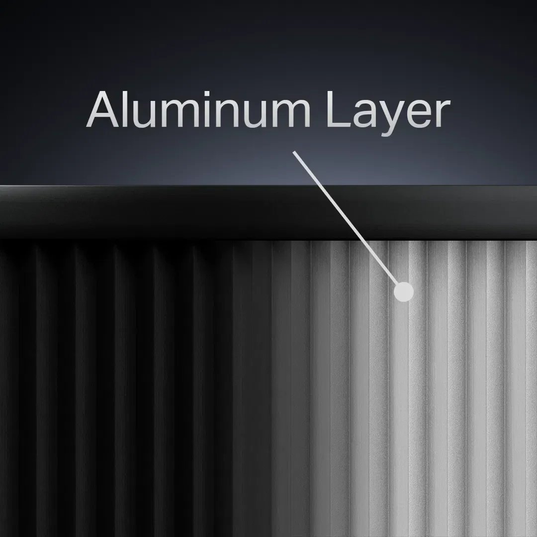 Close-up of Guard's honeycomb fabric meeting the aluminum frame