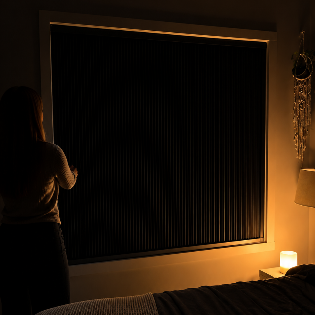 Woman closing Guard blackout blinds in a dark bedroom lit only by a bedside lamp