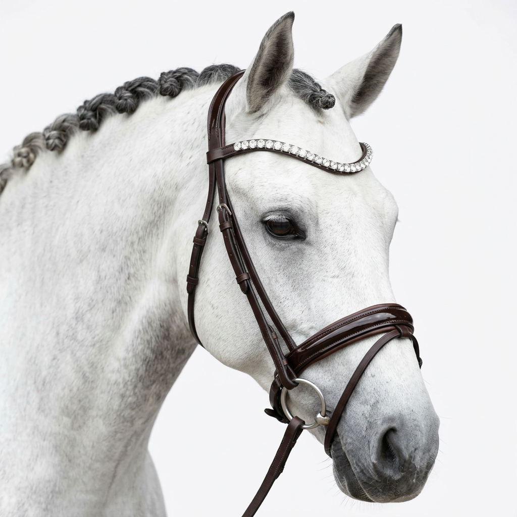 Close-up of a white horse with a braided mane wearing a brown bridle with decorative stones
