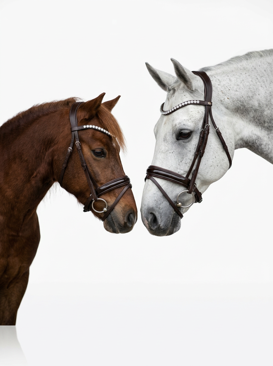 Close-up of a brown horse and a white horse with bridles facing each other against a white background