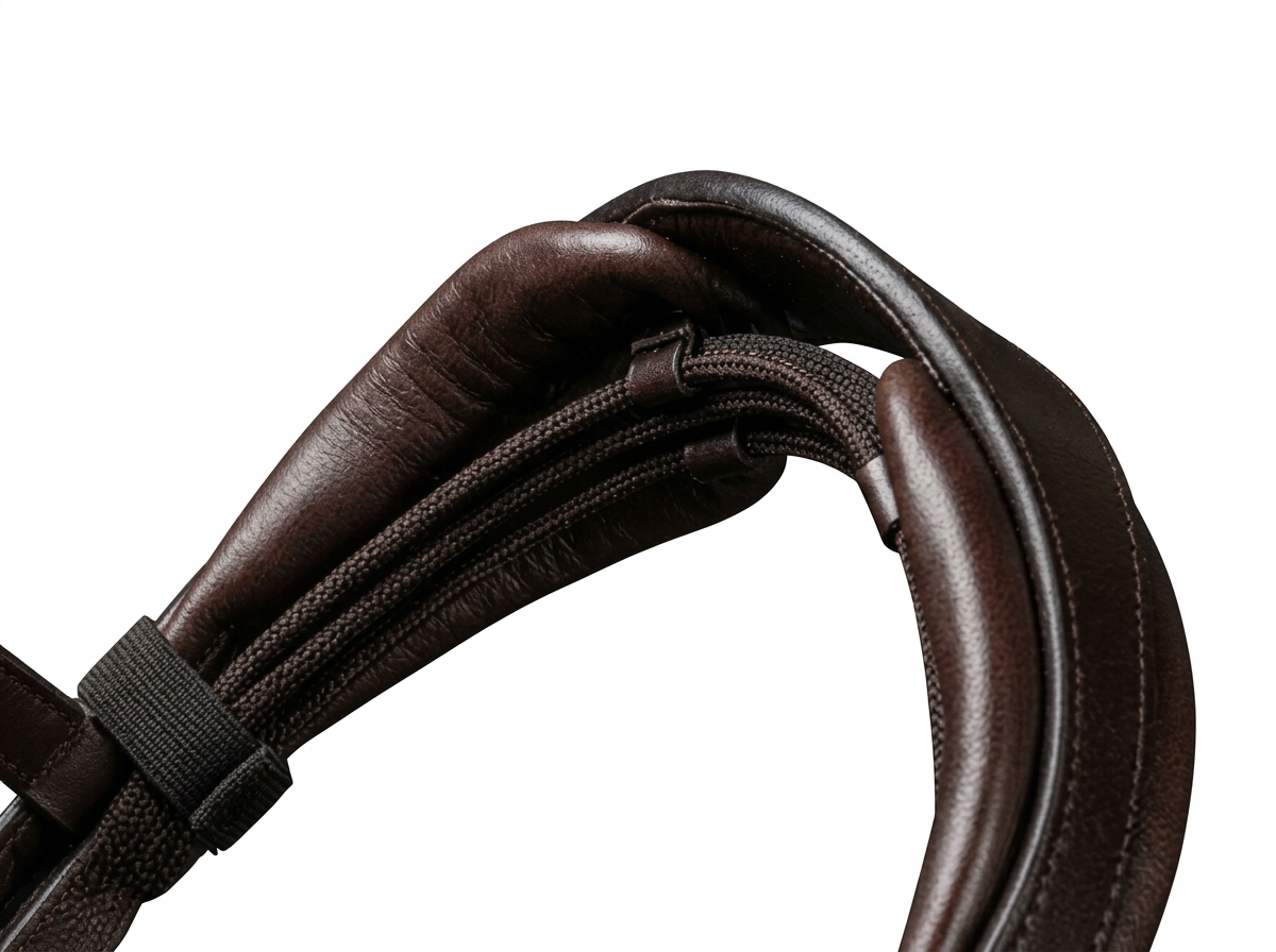 Close-up view of a dark brown leather and fabric strap with stitching and padded sections