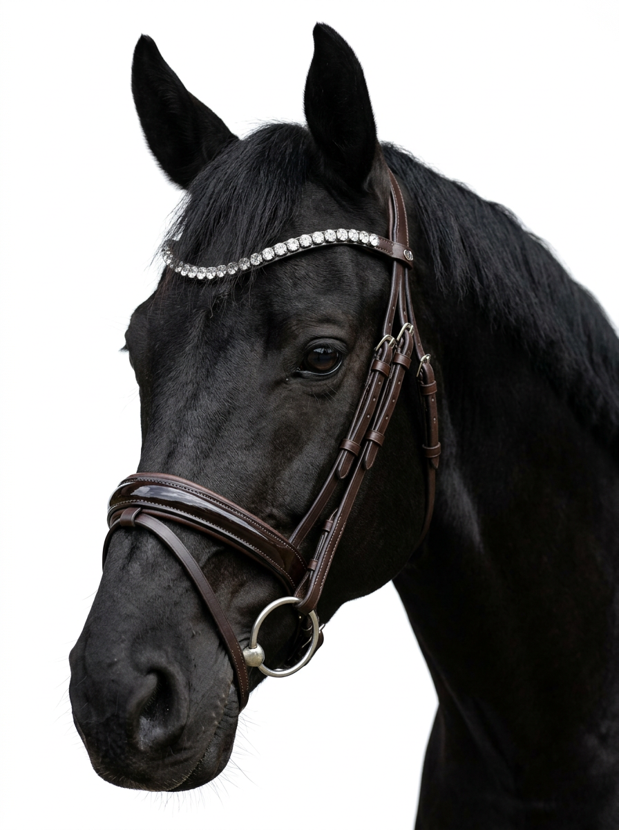 Close-up of a black horse wearing a brown leather bridle with rhinestone decoration on its forehead