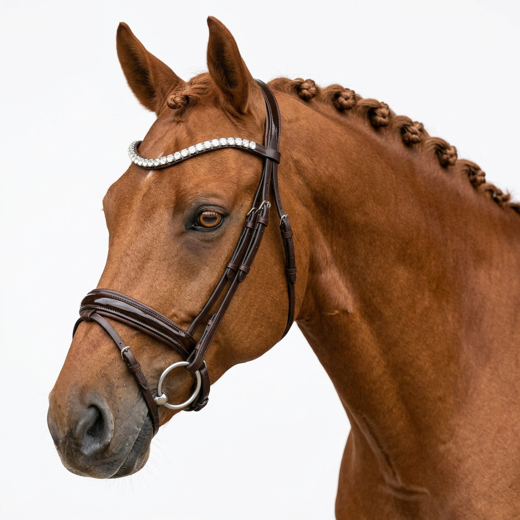 Close-up of a brown horse with braided mane wearing a bridle against a white background