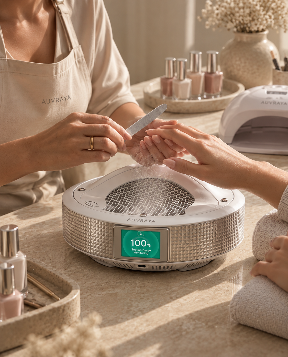 Nail technician filing a client's nails directly above the Auvraya Air dust collector, its screen showing 100% suction, on a sunlit stone nail desk