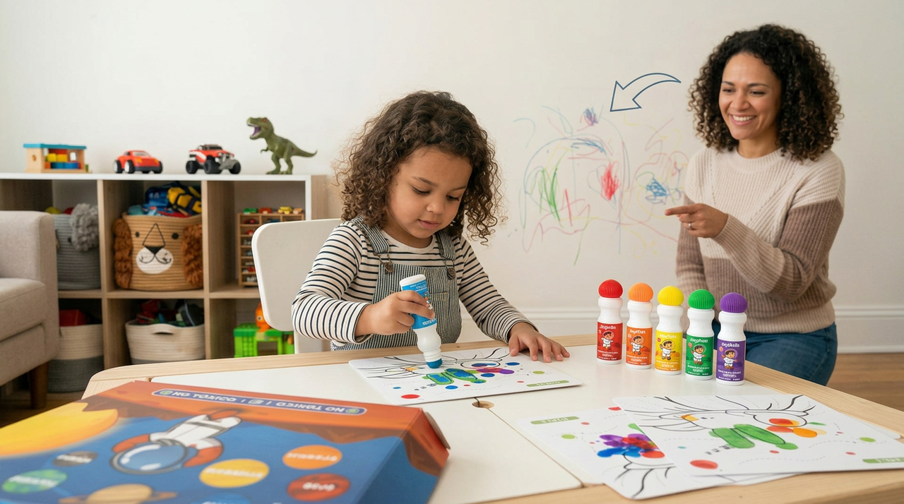 A young girl uses colorful dot markers to paint while a smiling woman watches in a playroom.