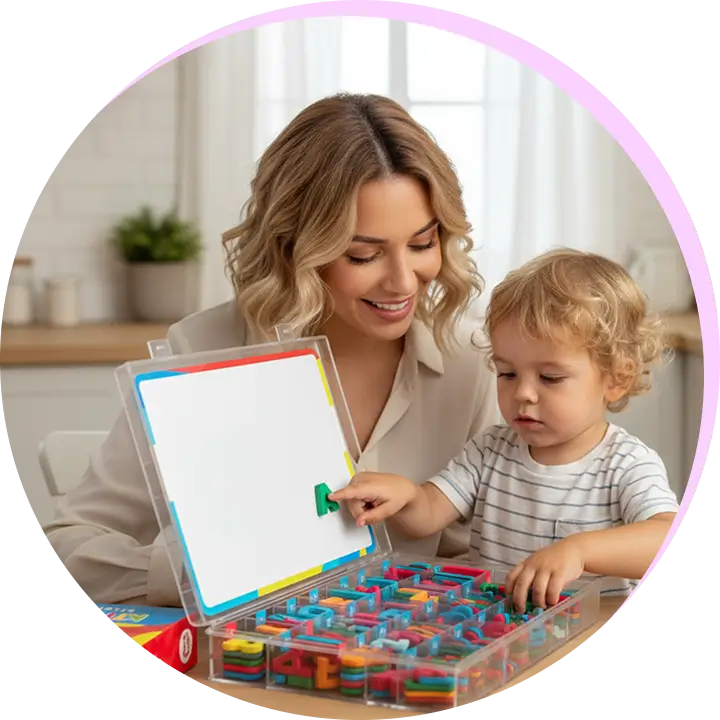 Mamá y niño jugando con las letras magnéticas