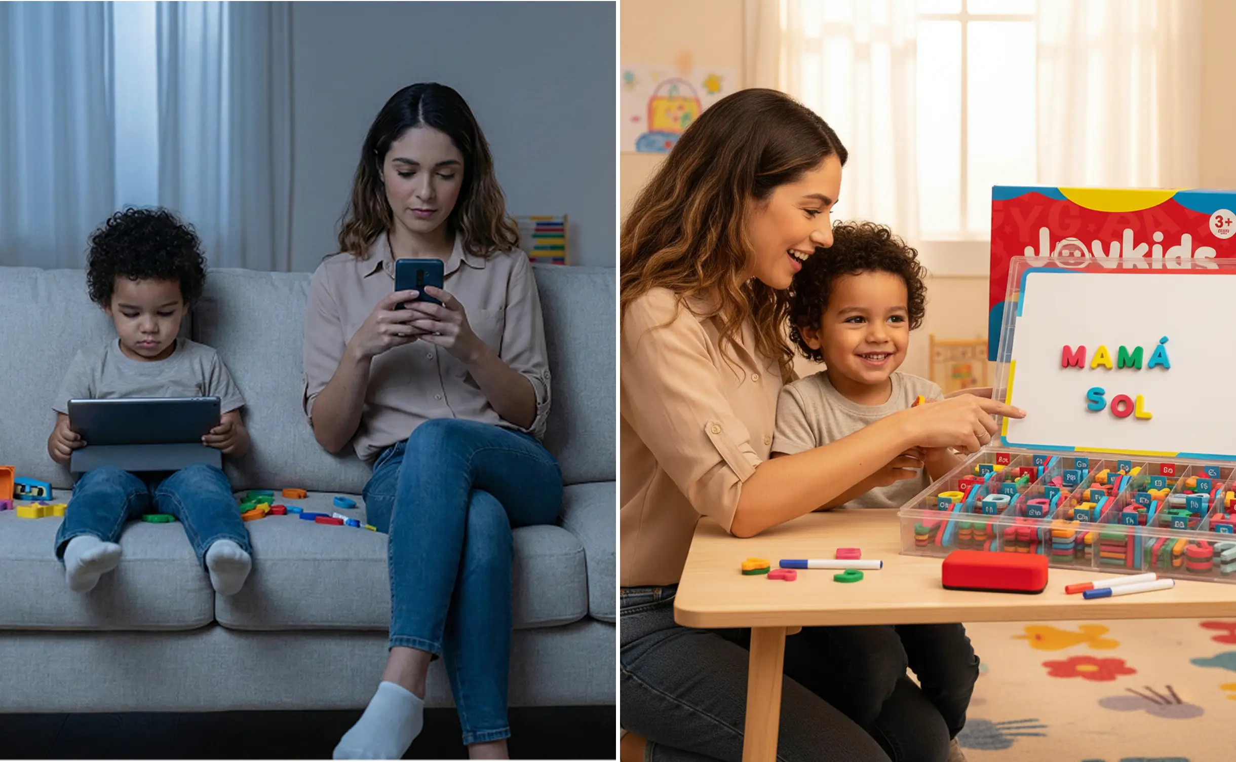 Antes: niño y mamá frente a pantallas. Ahora: aprendiendo juntos con el kit de letras