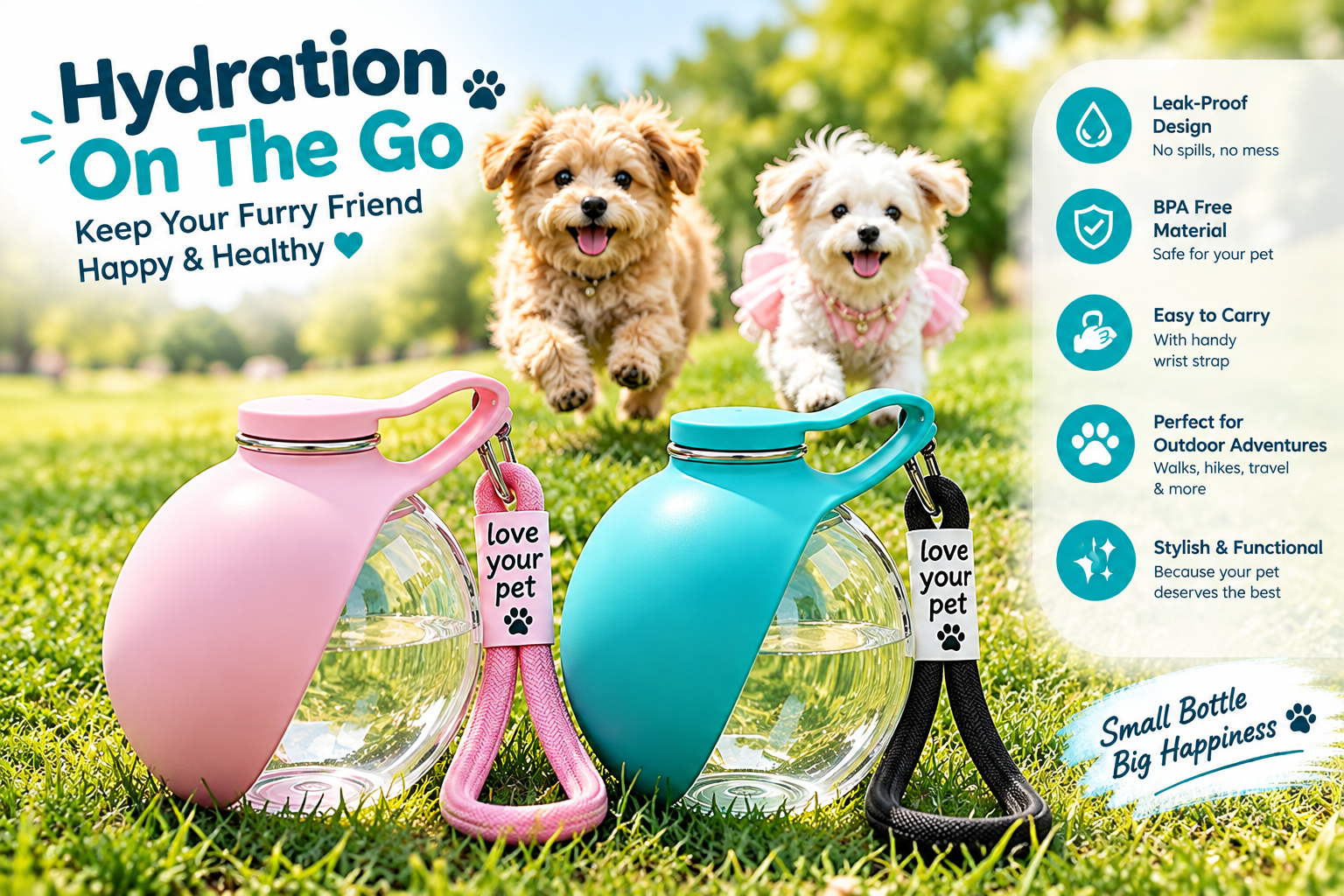 Two happy puppies running on grass beside pink and teal portable pet water bottles