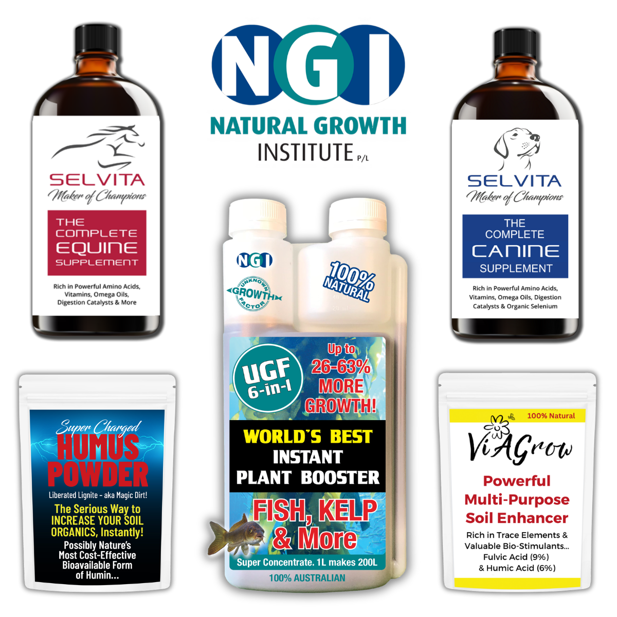 NGI Products x 5 UGF6in1 Humus Powder ViAGrow & Selvita with White Circle and Transparent Background