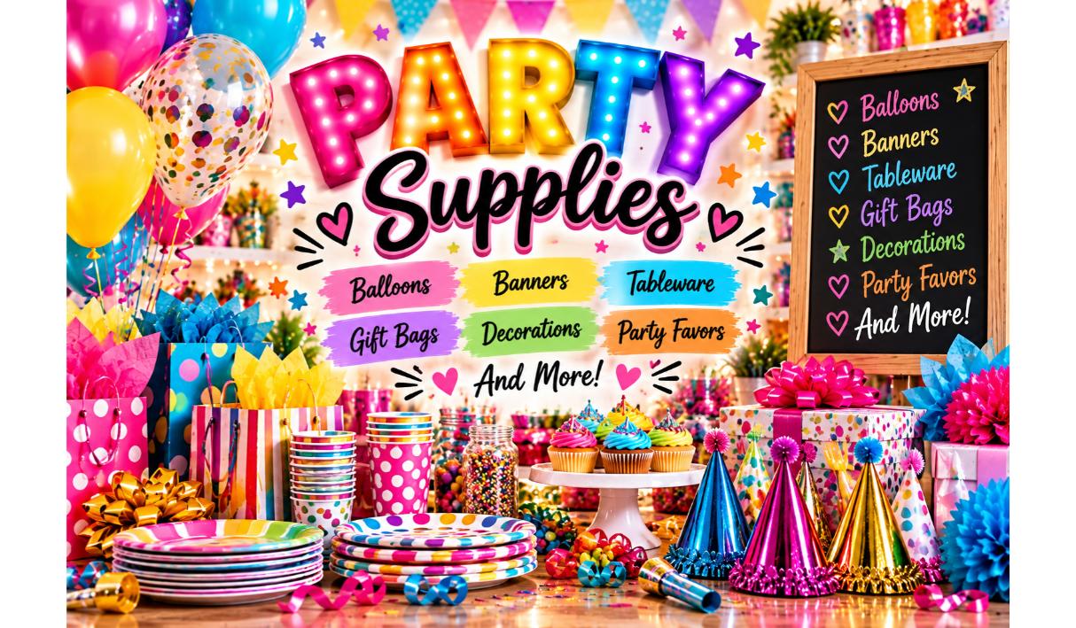 Colorful party supplies including balloons, a Happy Birthday banner, gift bags, patterned plates, cups, gold cutlery and ribbon