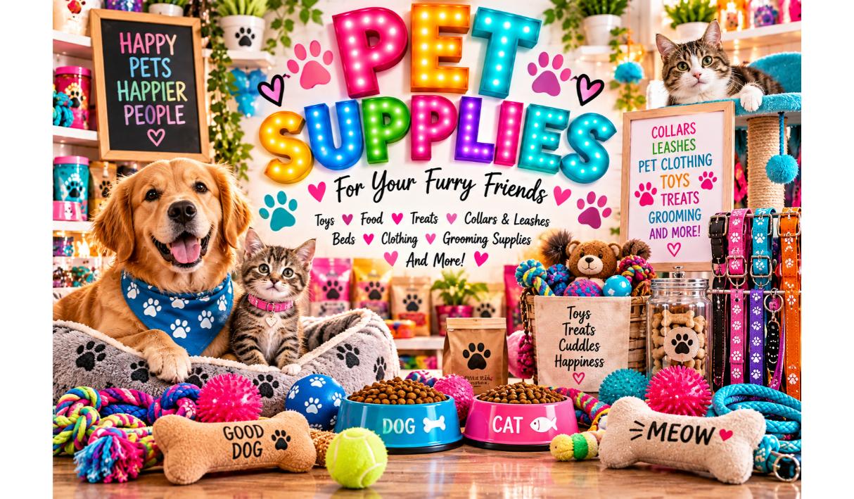 A golden retriever and a tabby cat surrounded by pet supplies including harnesses, leashes, collars, plush toys, food and water bowls, treats, pet clothing and a carrier