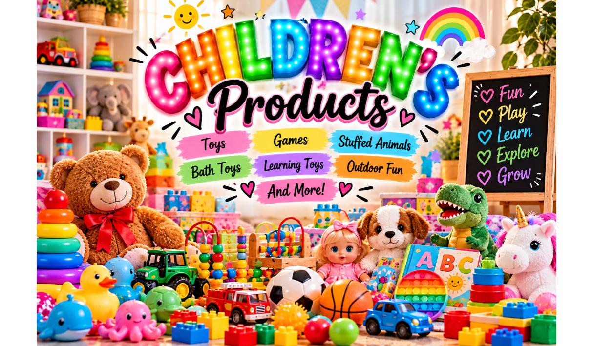 Flat lay of children's toys including plush animals, blocks and games