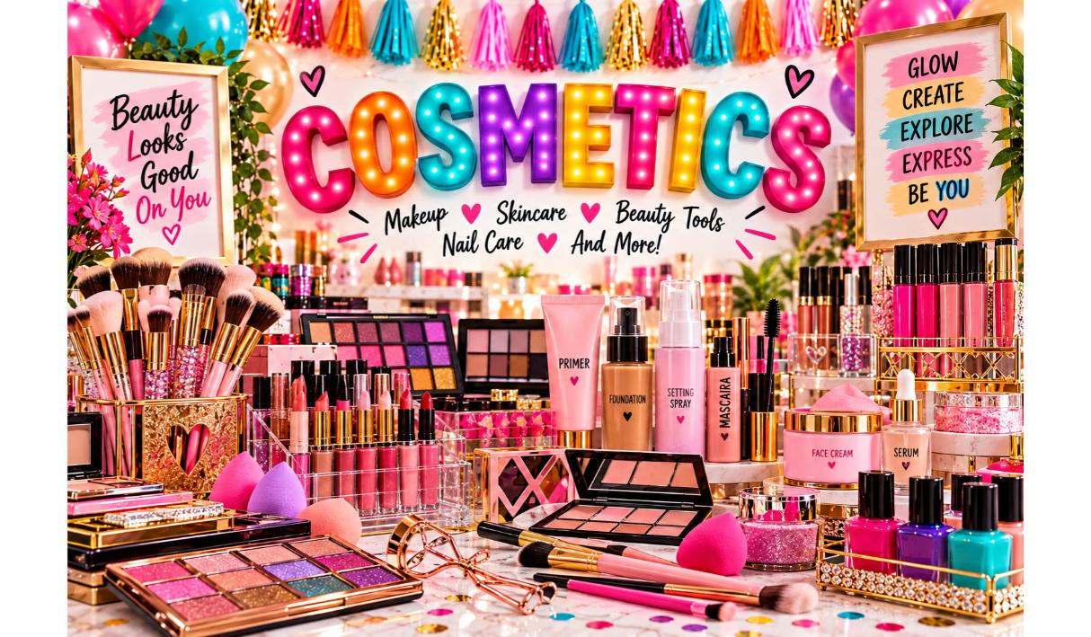 Flat lay of cosmetics including palettes, lipsticks and brushes