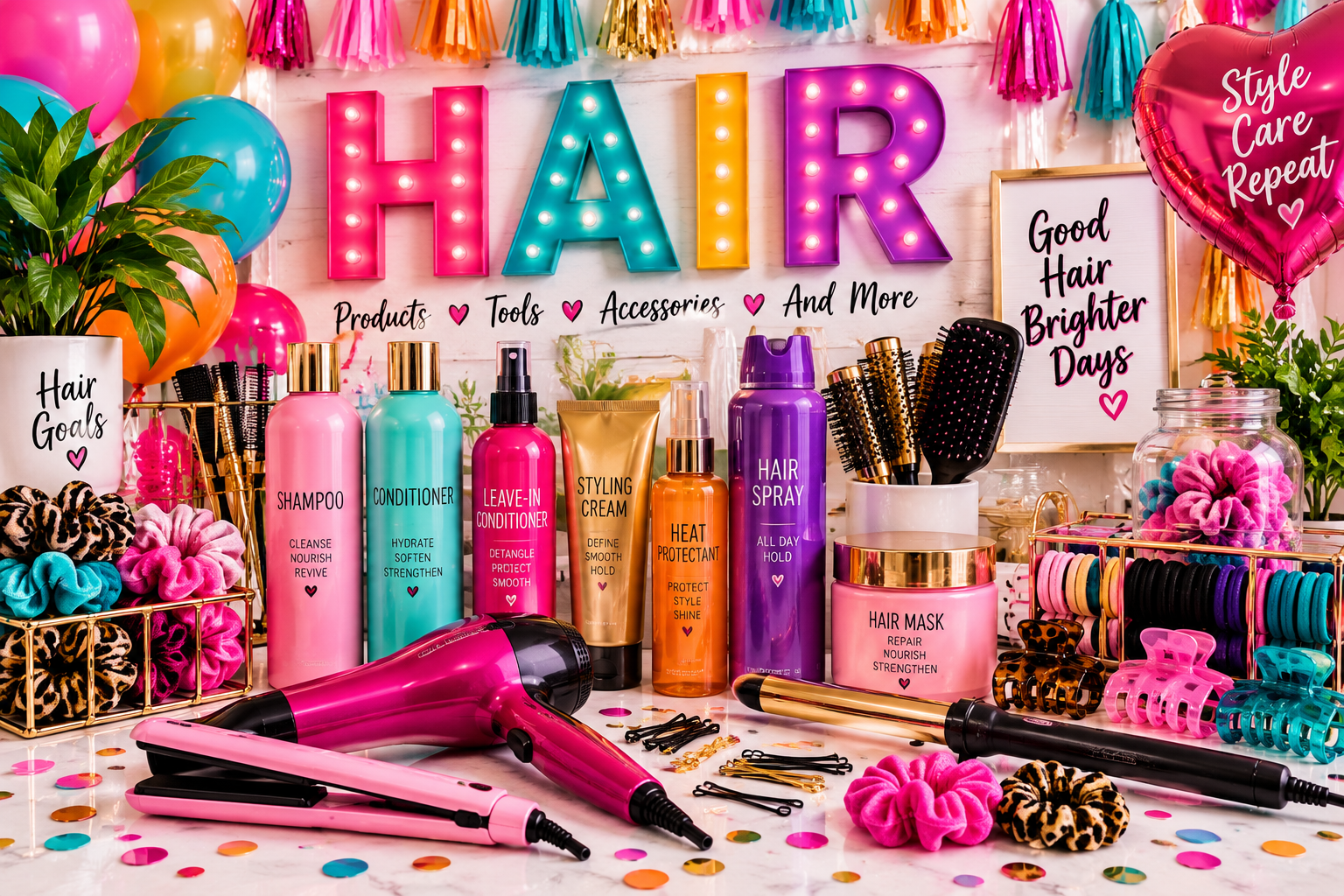 Hair products arranged on a soft pink surface including pink and turquoise shampoo bottles, wooden paddle brushes, a pink hair dryer, a turquoise straightener, a lilac comb, a dish of gold barrettes and pearl pins, rainbow claw clips, velvet scrunchies and satin bows