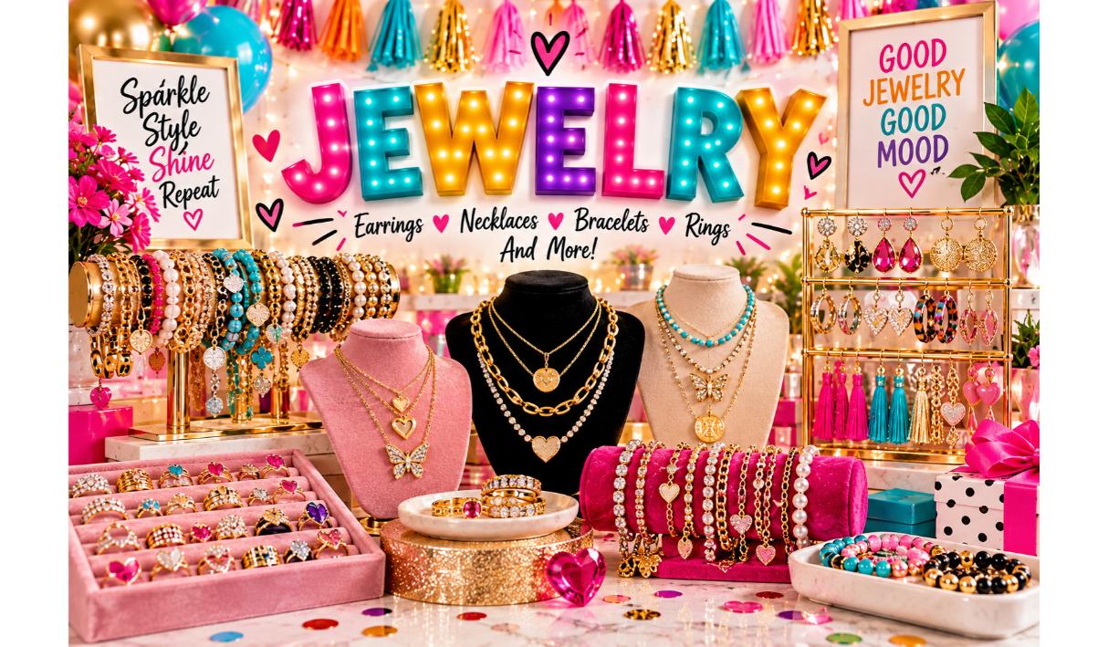 Flat lay of jewelry including earrings, necklaces and bracelets