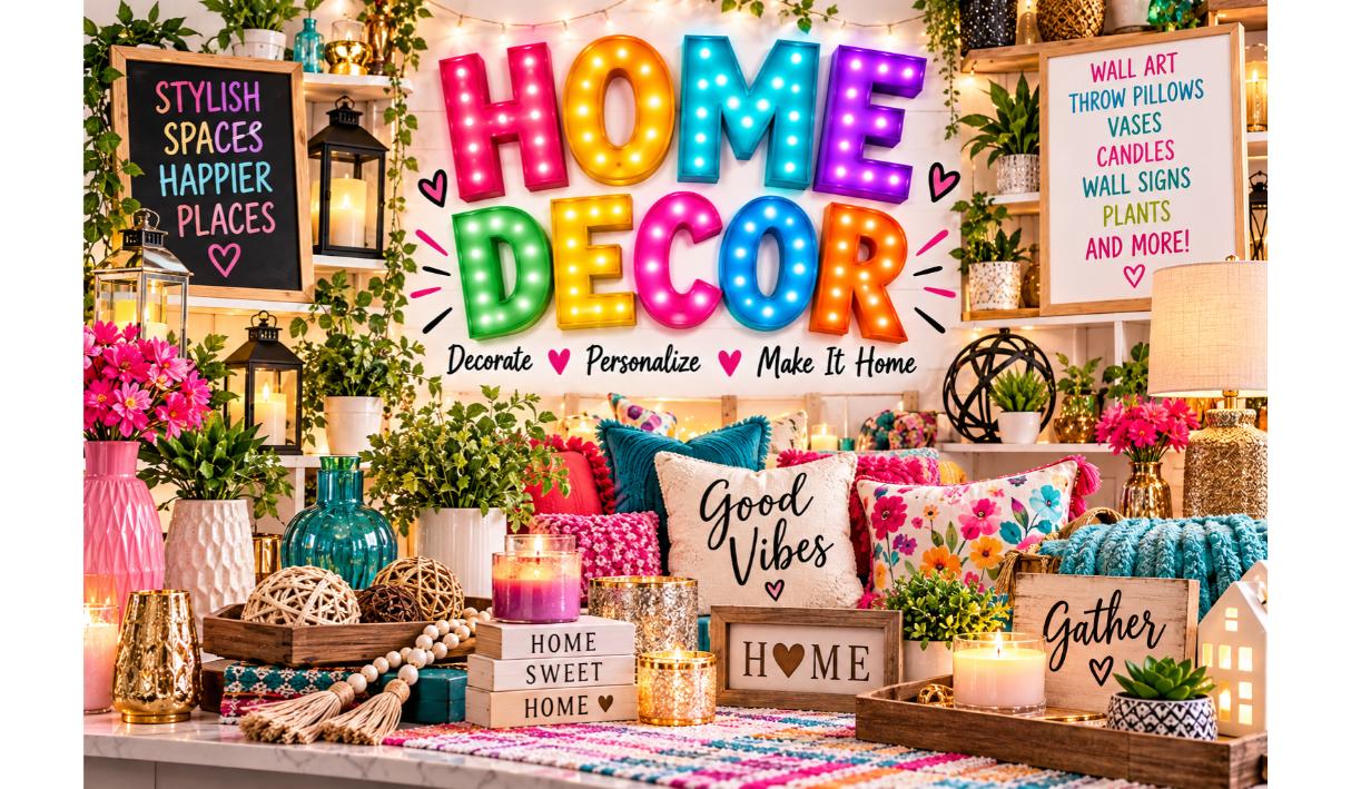 Home decor display with framed sign art, teal and white vases, tulips and hydrangeas, candles, embroidered throw pillows and stacked books