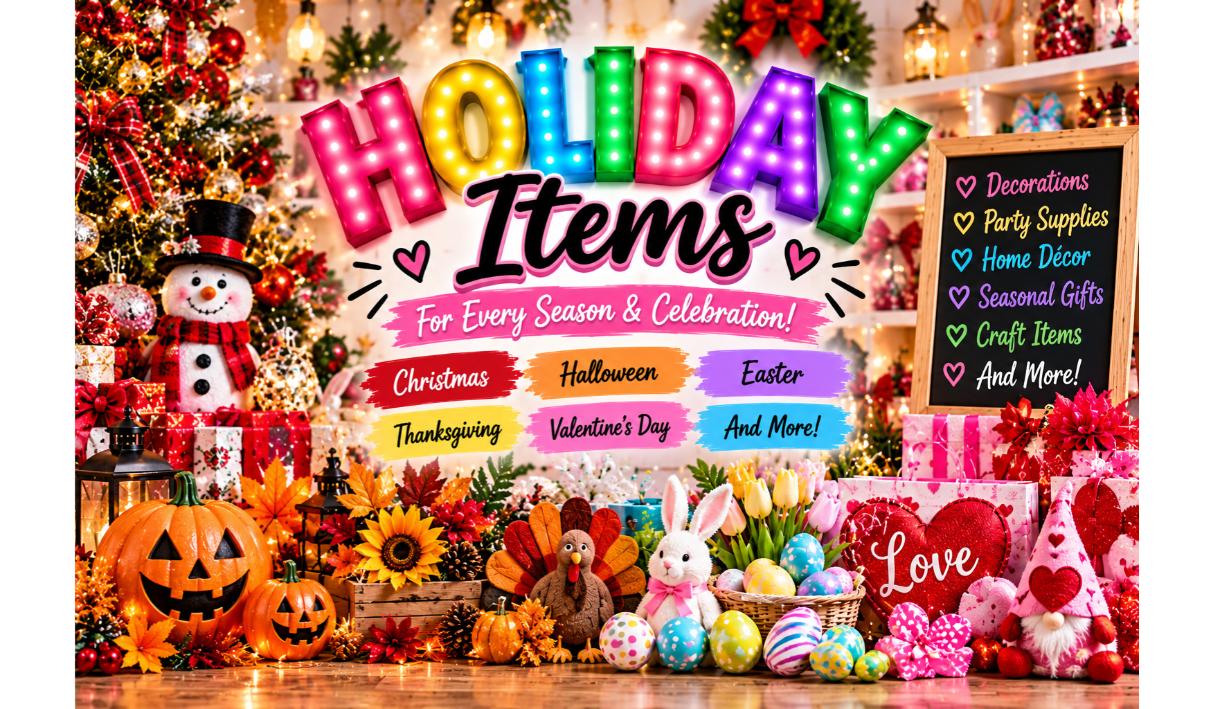 Holiday decorations for every season including a Merry Christmas sign, nutcracker, snow globe, Trick or Treat sign with pumpkins and a ghost, Happy Easter bunny with pastel eggs, Give Thanks sign with a turkey, Valentine's hearts and patriotic flags