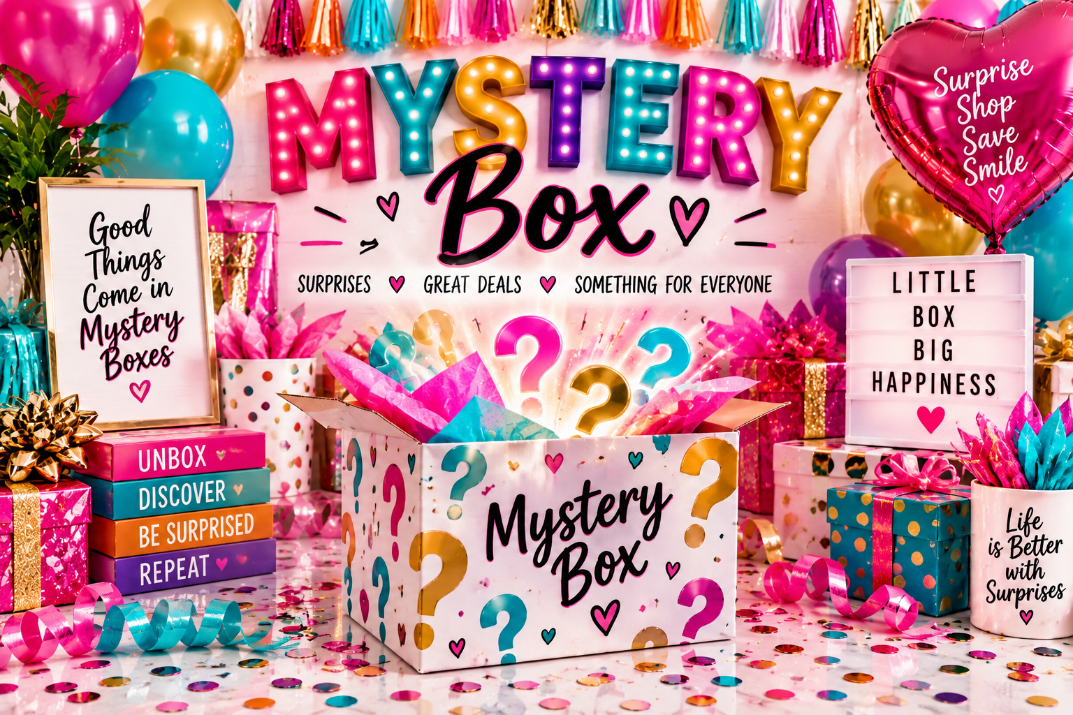 An open hot pink mystery box on a soft pink surface with its surprise contents fanned out around it including a plush teddy bear, a candle, gold hoop earrings and a bracelet, an eyeshadow palette, lipsticks, sunglasses, hair clips, a toy car and small wrapped gifts with bows