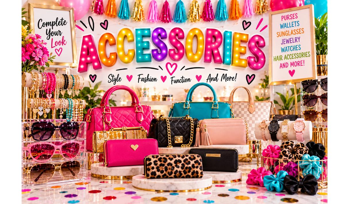 Flat lay of fashion accessories including sunglasses, a watch and a bag