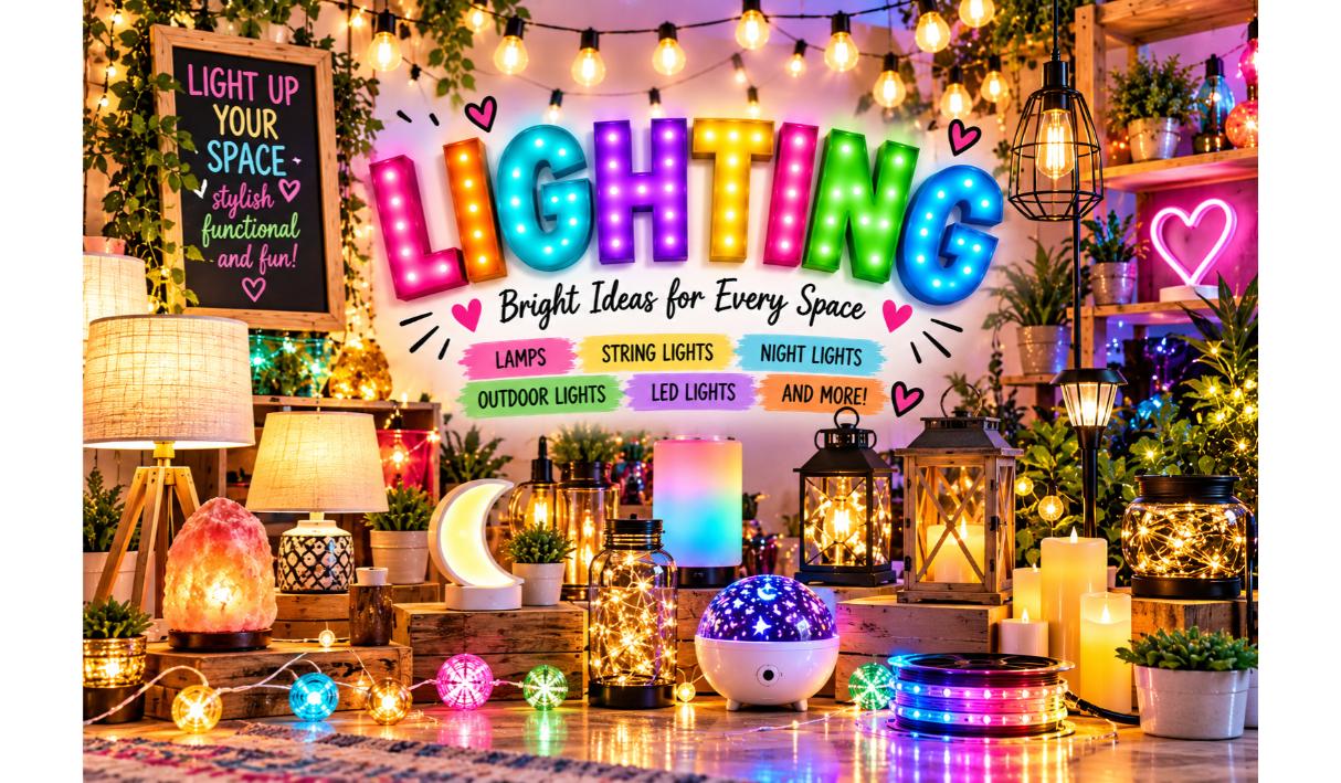 Lighting collection including table and floor lamps, glass and cage pendant lights, lanterns, a moon lamp, outdoor string lights, solar pathway lights, color-changing LED strips, a pink neon sign and kids' night lights