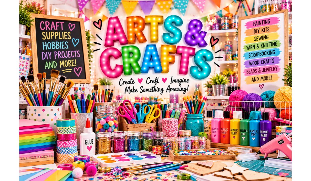 Arts and crafts supplies including markers, yarn, paint brushes, watercolor palette, acrylic paint, colored pencils, beads, buttons, scissors, a glue gun and a sewing machine