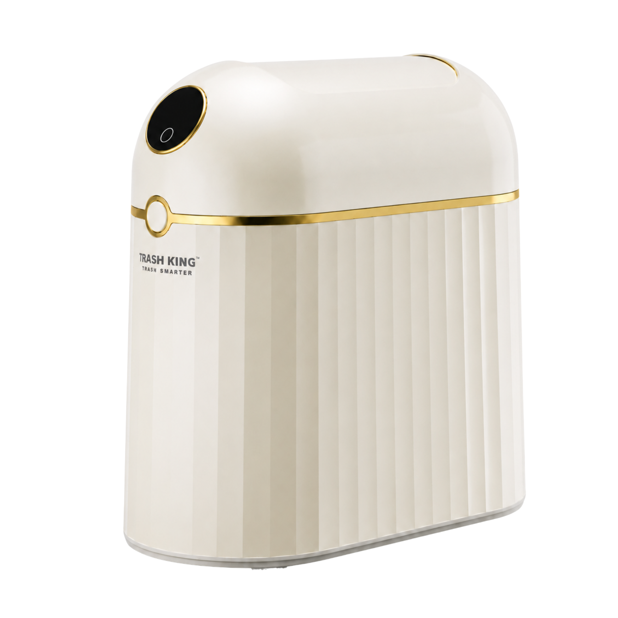 Trash King smart trash can in cream with gold trim