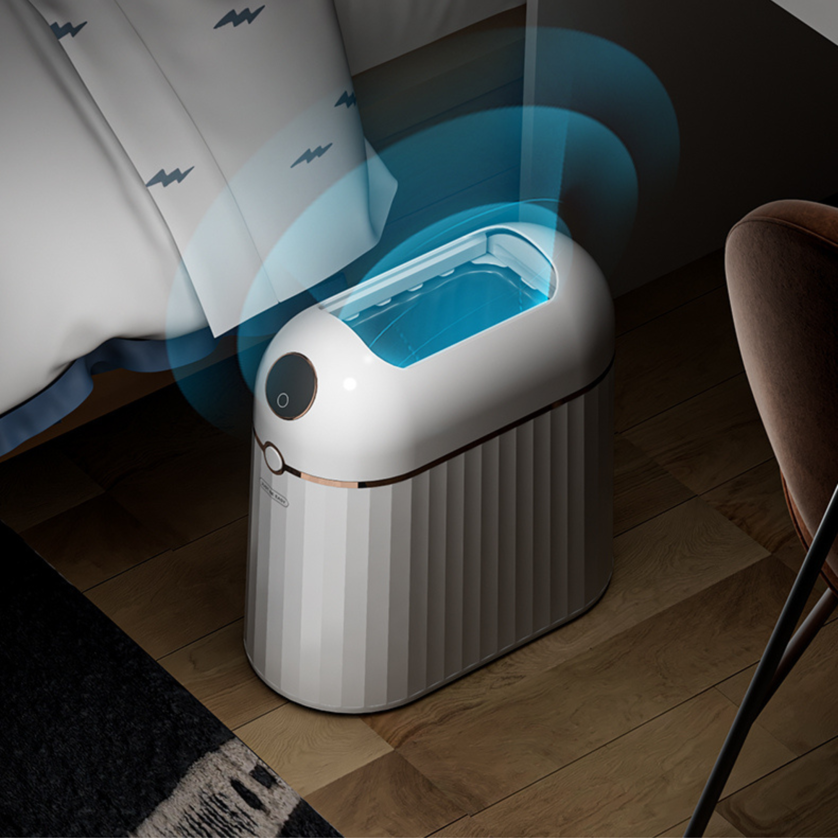 Crown 10L smart bin with its lid open beside a bed at night