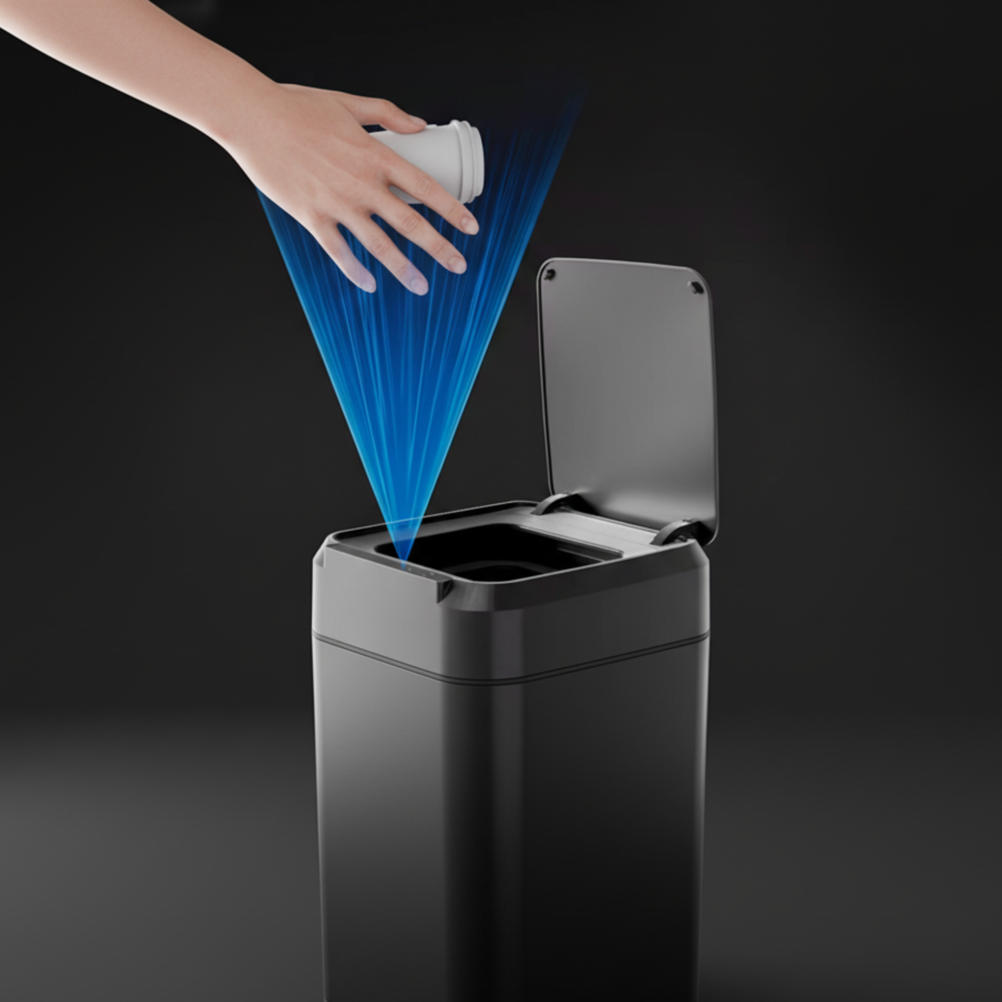 Smart bin lid opening automatically as a hand approaches