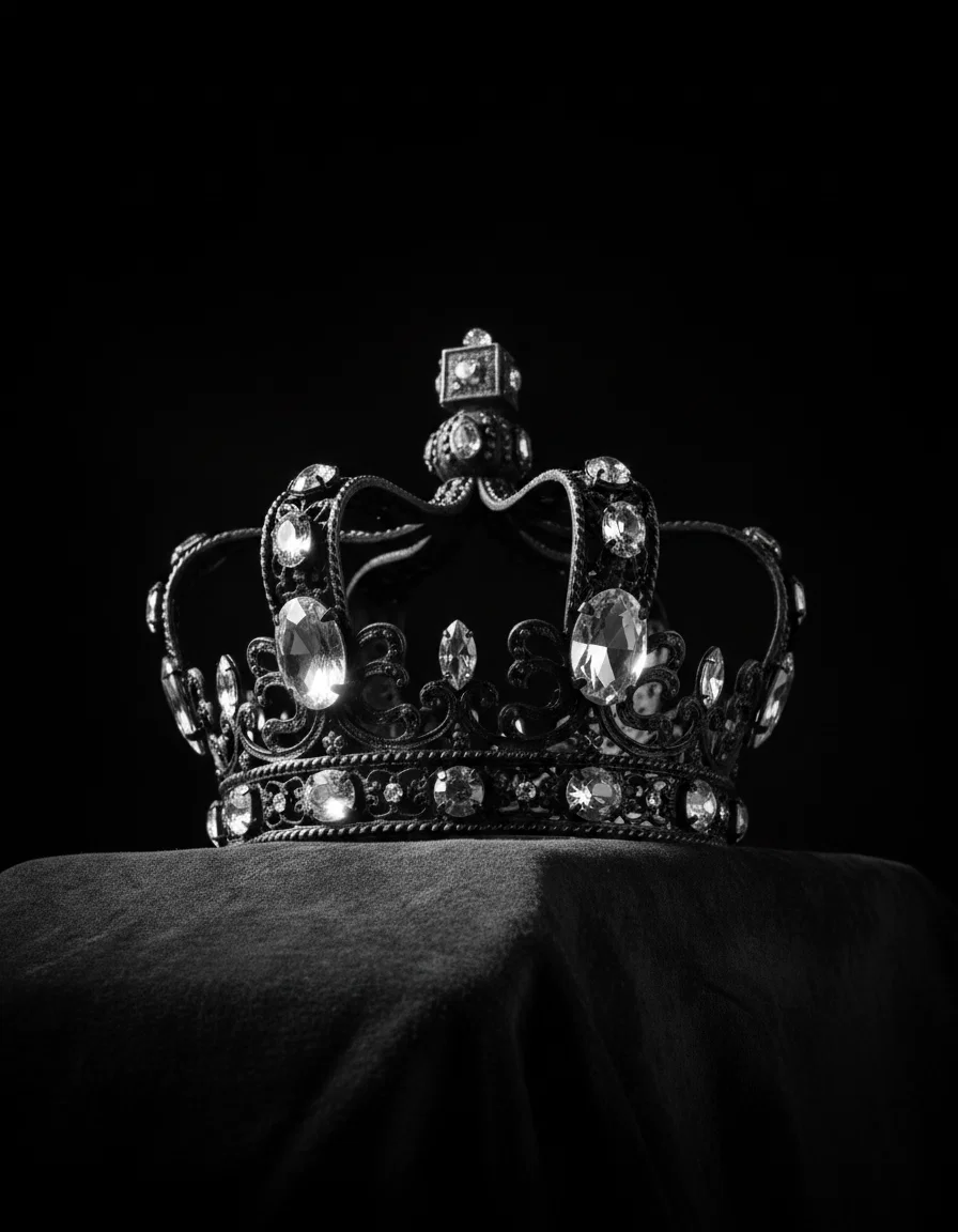 Jeweled crown resting on a dark velvet cushion