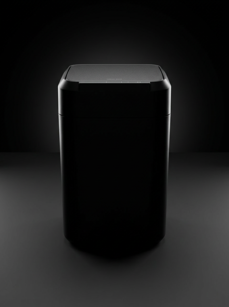 Sleek black trash can against a dark background with subtle lighting