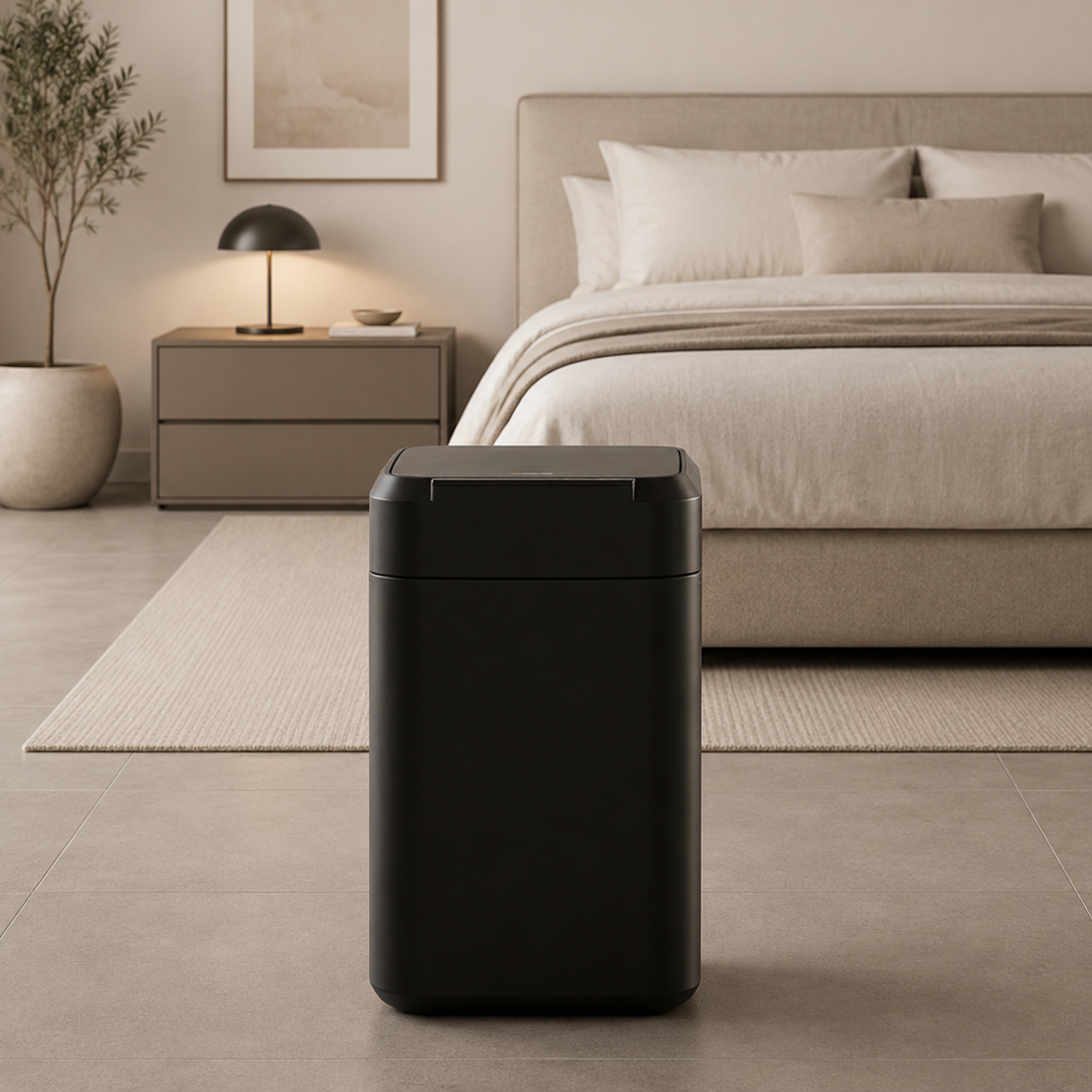 Black smart trash can next to a wooden desk in a home office