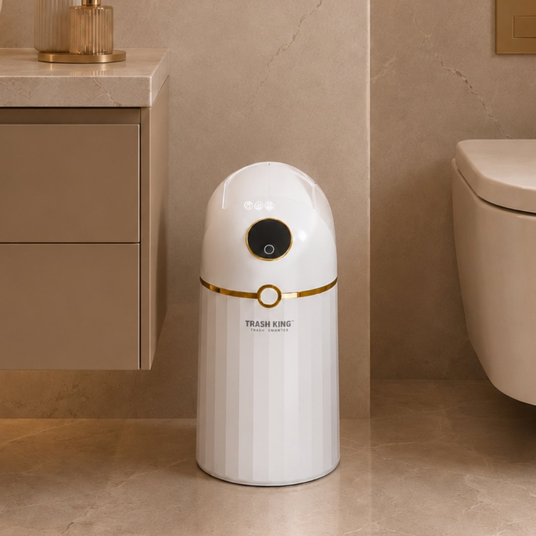Crown 10L smart bin beside a floating bathroom vanity and toilet