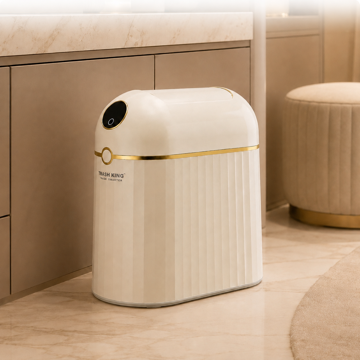 Crown 10L smart bin beside a marble vanity and velvet stool